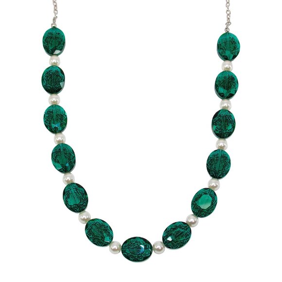 Green glass and white pearl bead necklace with large oval facet cut green beads. - Picture 11 of 11